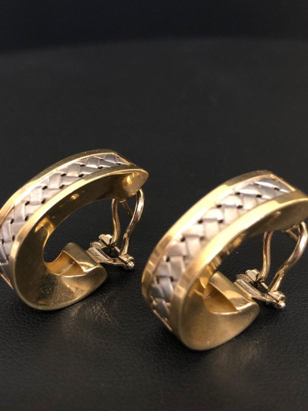 14k Gold Braided Omega Earrings, Yellow & White Gold, 6.8 grams